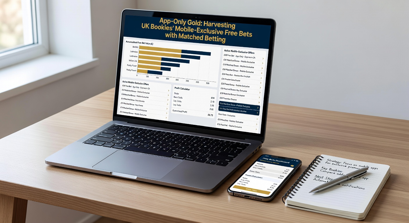 Laptop and phone side-by-side showing desktop site versus app-exclusive promotion banners, with matched betting odds grids overlaid