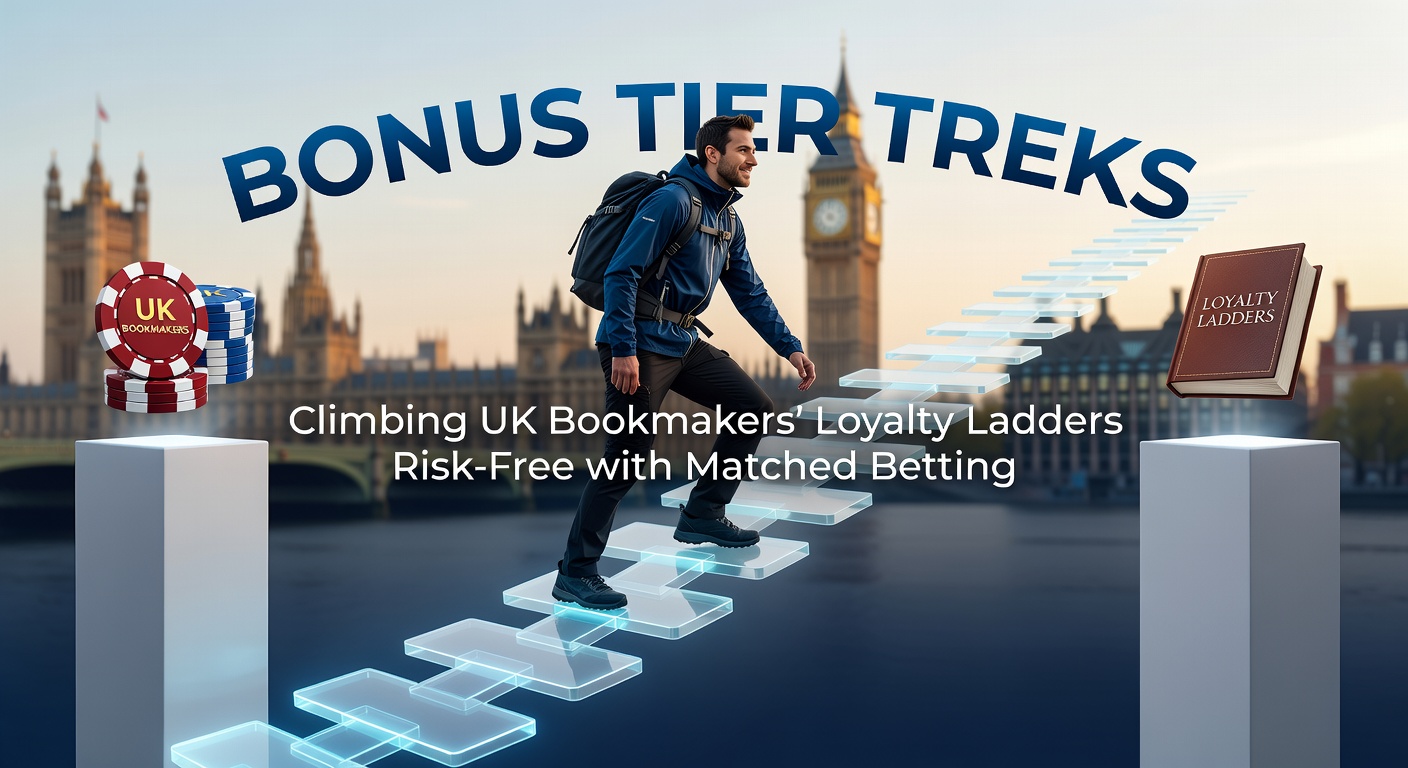 Visual representation of a loyalty ladder ascending through bookmaker tiers, highlighted with matched betting icons for risk-free progression