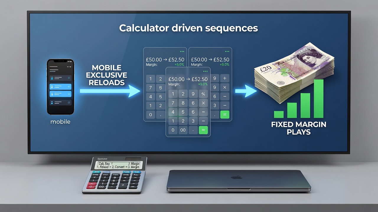 Detailed view of a sequence flowchart mapping mobile reload inputs through calculator steps to final margin outputs