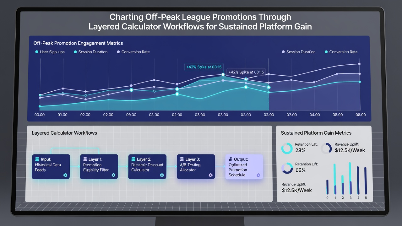 Dashboard view of layered calculator outputs showing promotion sequences and projected platform gains