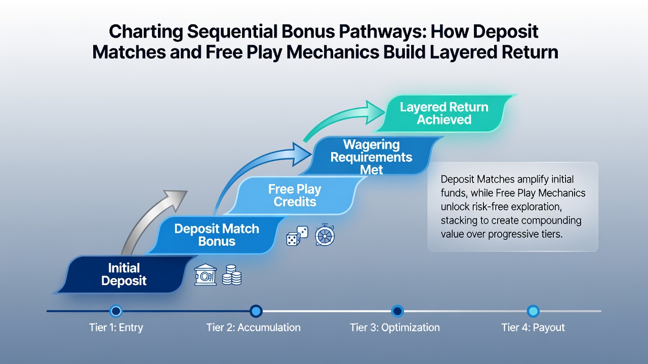Flowchart illustrating layered returns from deposit matches and free play across several operators in sequence