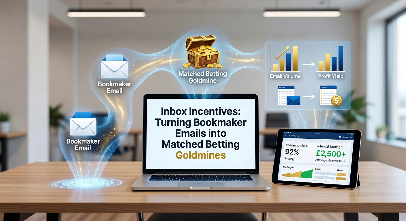 Infographic illustrating the matched betting process from email promo to profit extraction, with arrows showing back, lay, and qualifier steps