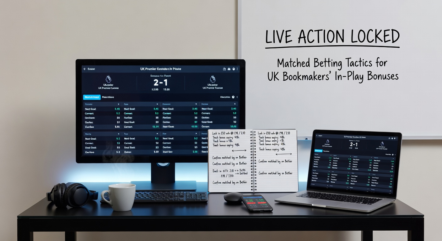 Screenshot of a matched betting calculator displaying in-play odds, lay stakes, and projected profit for a live tennis match bonus