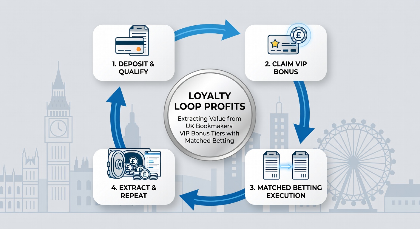 Infographic illustrating a matched betting loop from VIP tier bonuses, showing back/lay steps and profit extraction flow