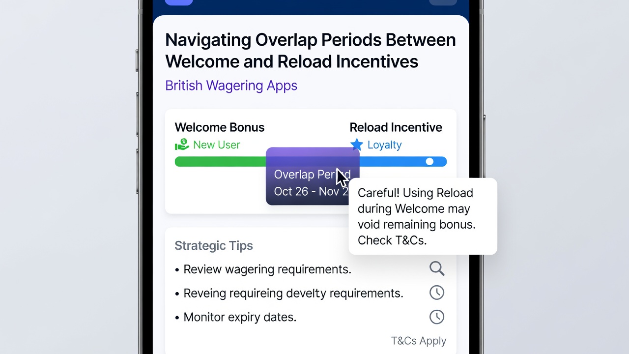 Flowchart diagram illustrating timeline overlaps between welcome bonuses and reload incentives on mobile betting screens