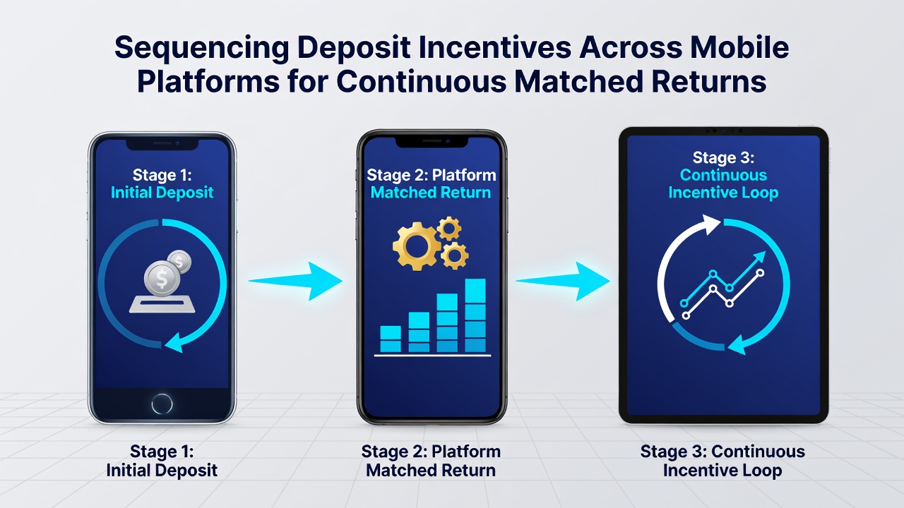 Diagram illustrating deposit sequencing workflow between multiple mobile betting applications with timeline markers