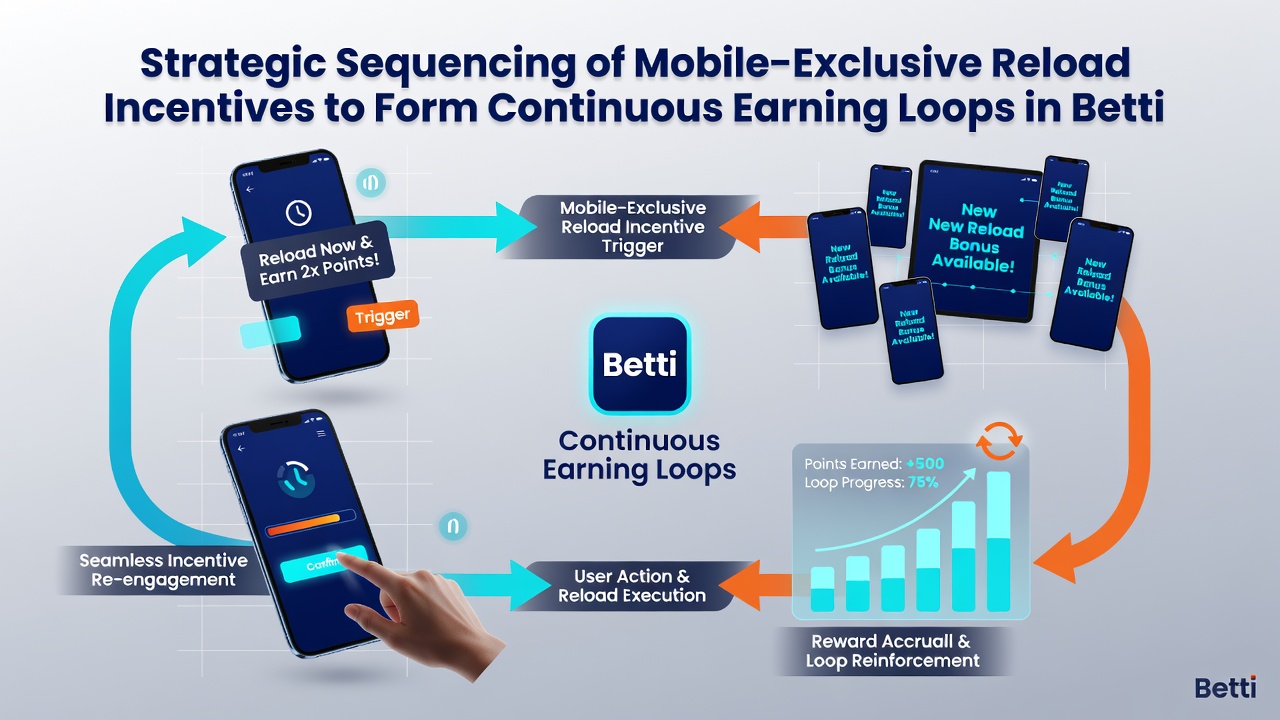Flowchart illustrating sequenced reload incentives and earning loops in a betting application dashboard